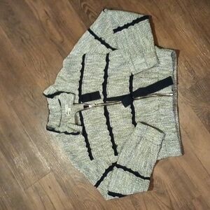 Dimple Hsu Black White Woven Textured Moto Neck Thatched Zippered Sweater A31